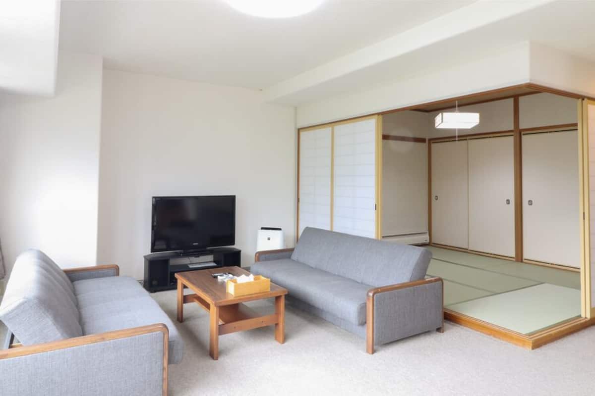 A modern living room with a sofa, a coffee table, a TV, and a sliding door closet.