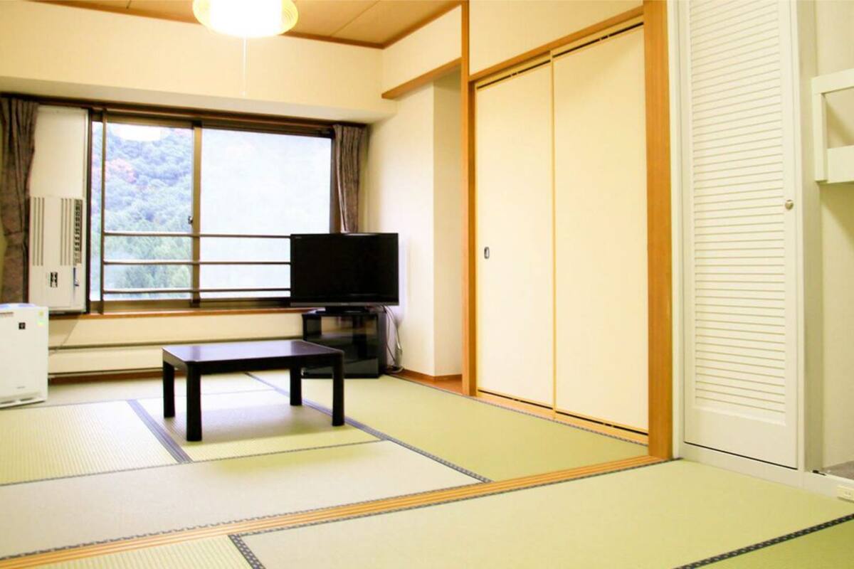 A room with tatami flooring, a television, a sliding door, and a small table.