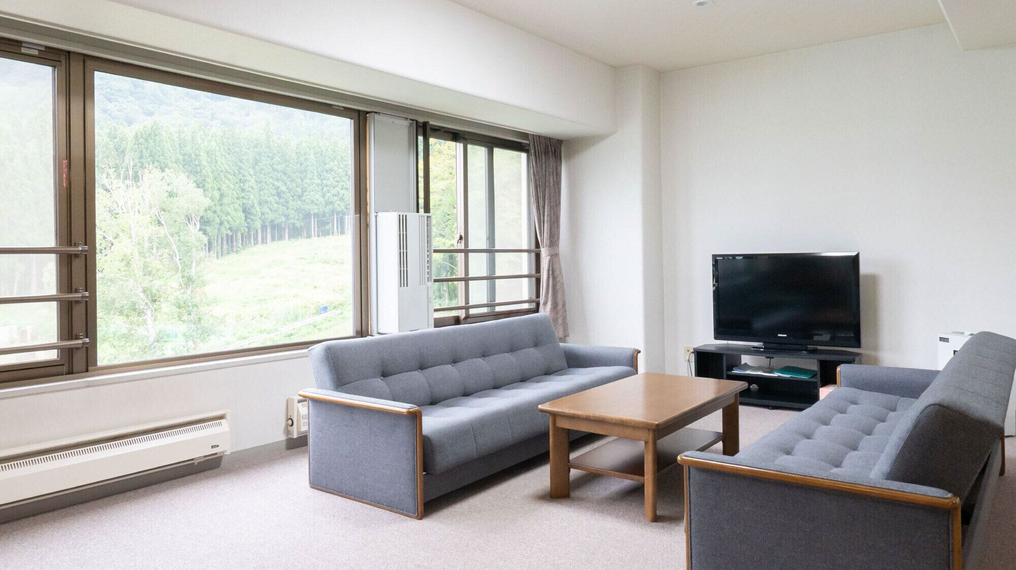 A modern living room with a sofa, a coffee table, and a TV.