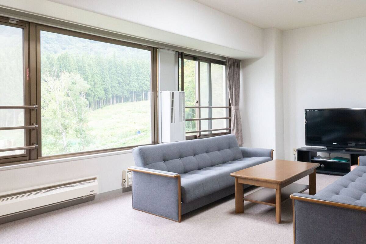 A modern living room with a sofa, a coffee table, and a TV.