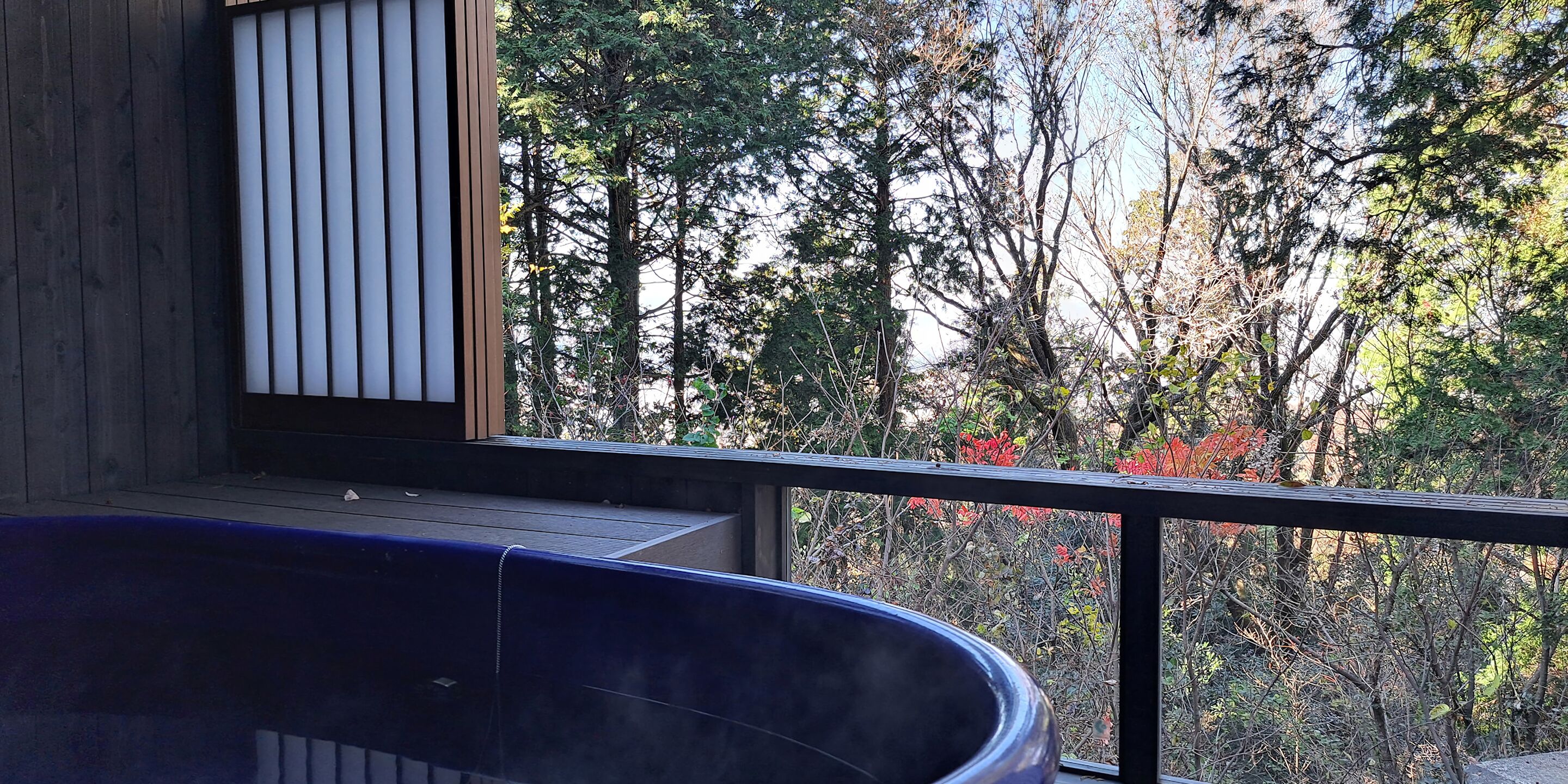 A balcony with a view of trees and a hot tub.