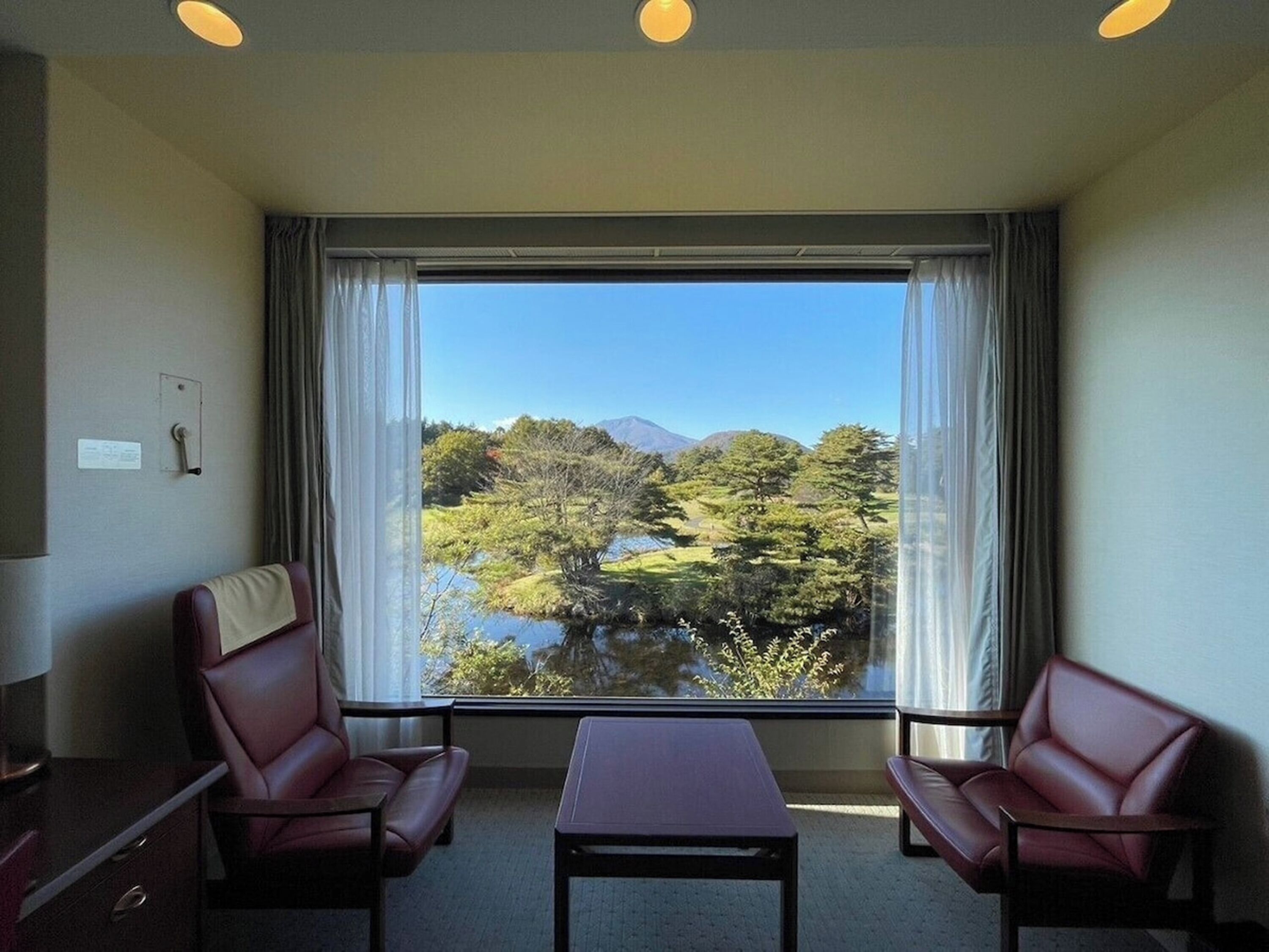 A room with two leather chairs, a small table, and a large window offering a view of a lake and trees.