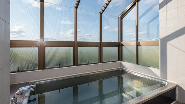 A modern indoor swimming pool with large windows offering views of the sky and a distant landscape. - Business Hotel Koyo (Aichi)