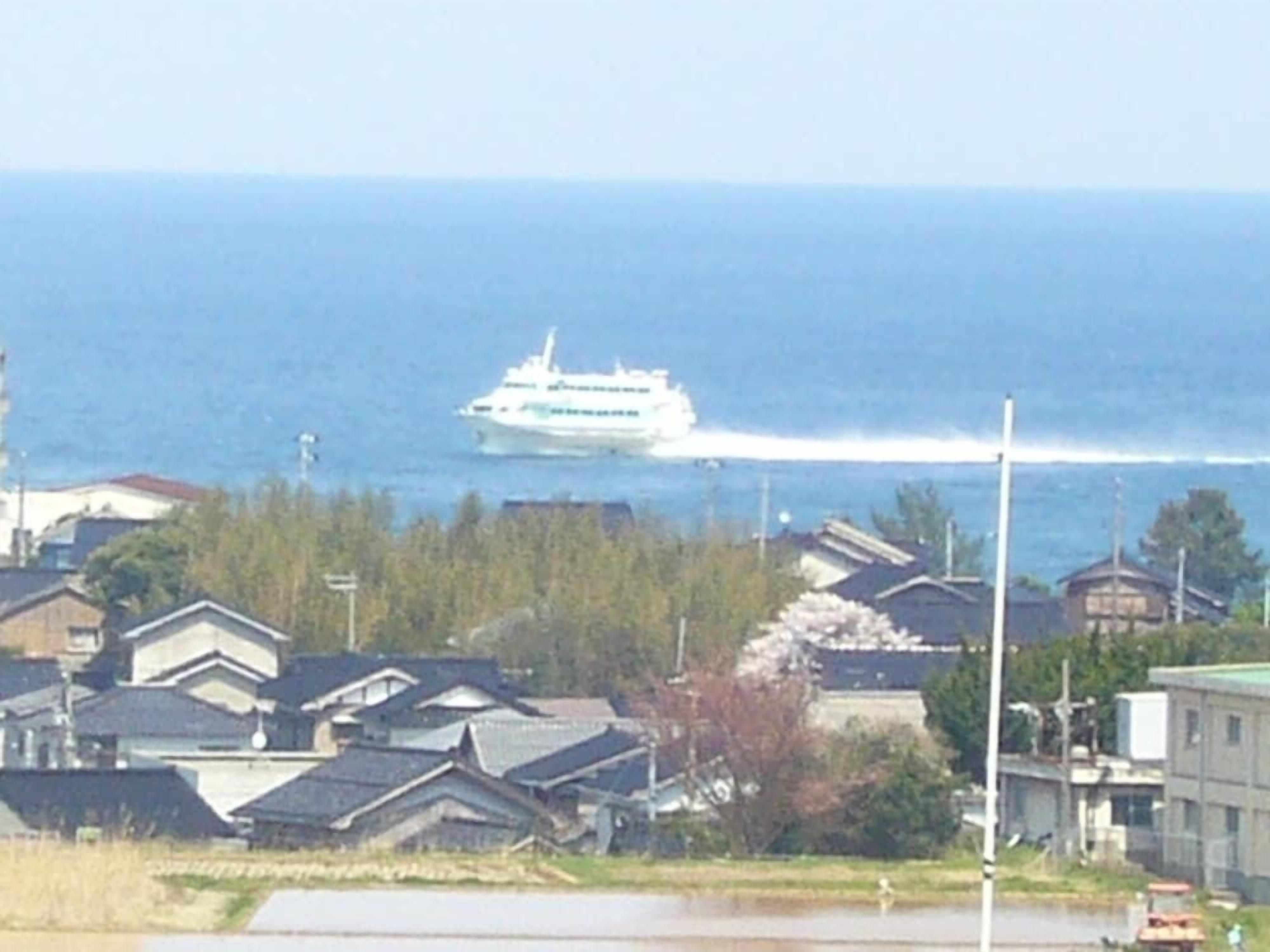 A coastal town with residential houses, a body of water, and a ferry boat in the distance.