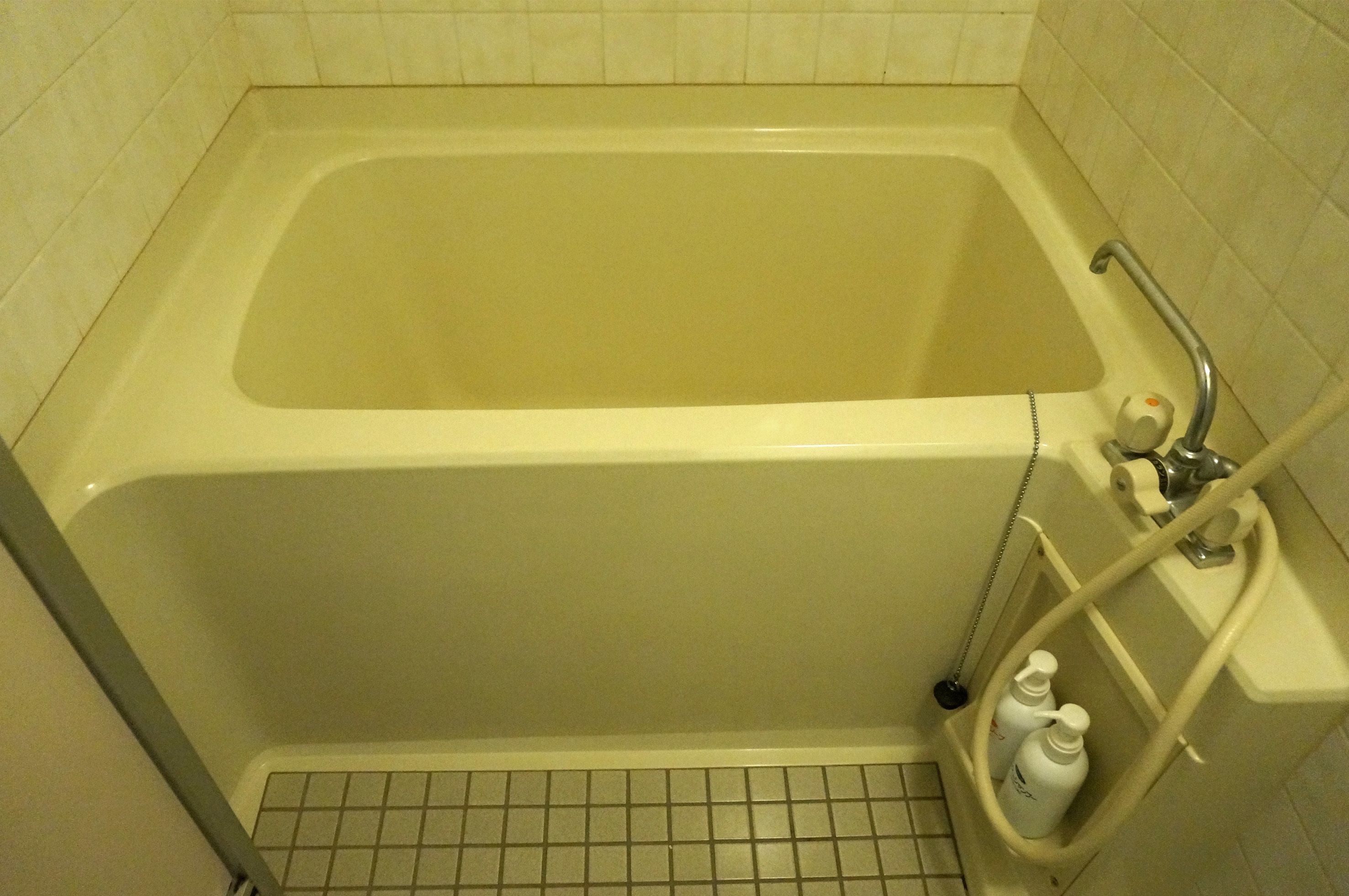 Una bañera estándar con un cabezal de ducha manual y un estante pequeño con artículos de aseo.