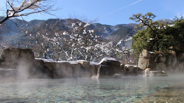 Una piscina poco profunda y transparente, con formaciones rocosas visibles y árboles al fondo.