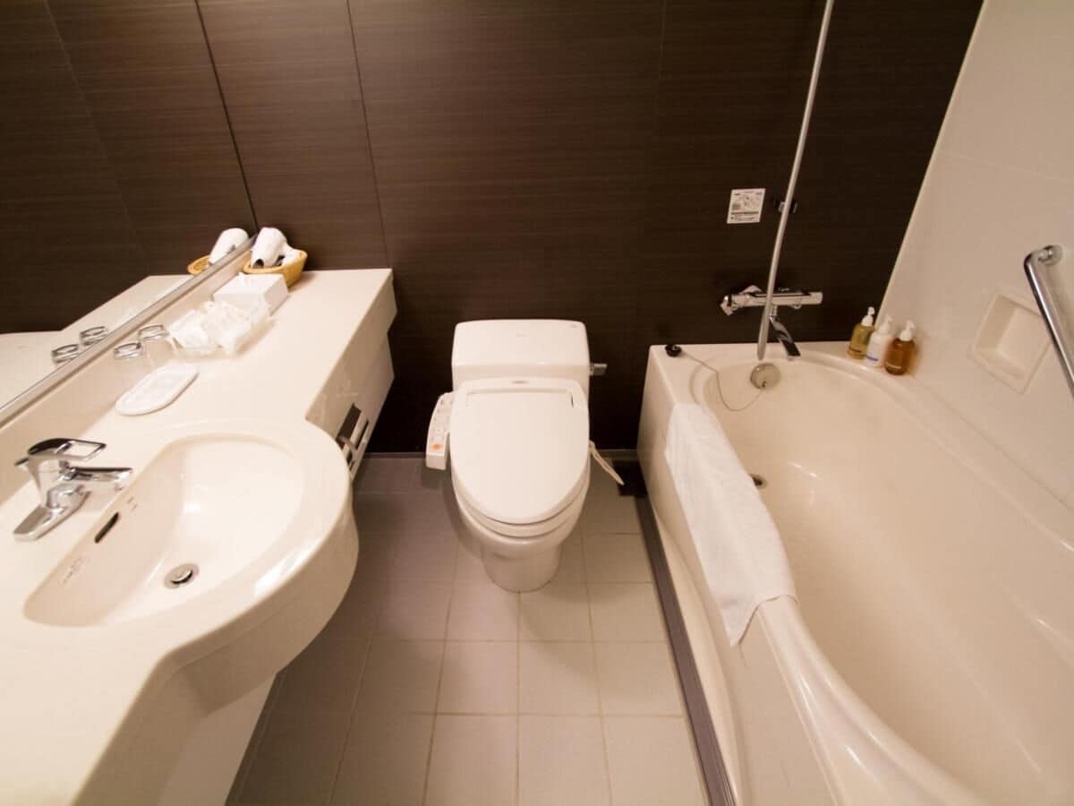 combined shower/bathtub, free toiletries, hair dryer, slippers