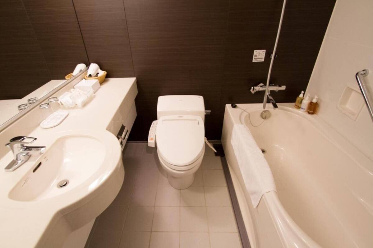 combined shower/bathtub, free toiletries, hair dryer, slippers