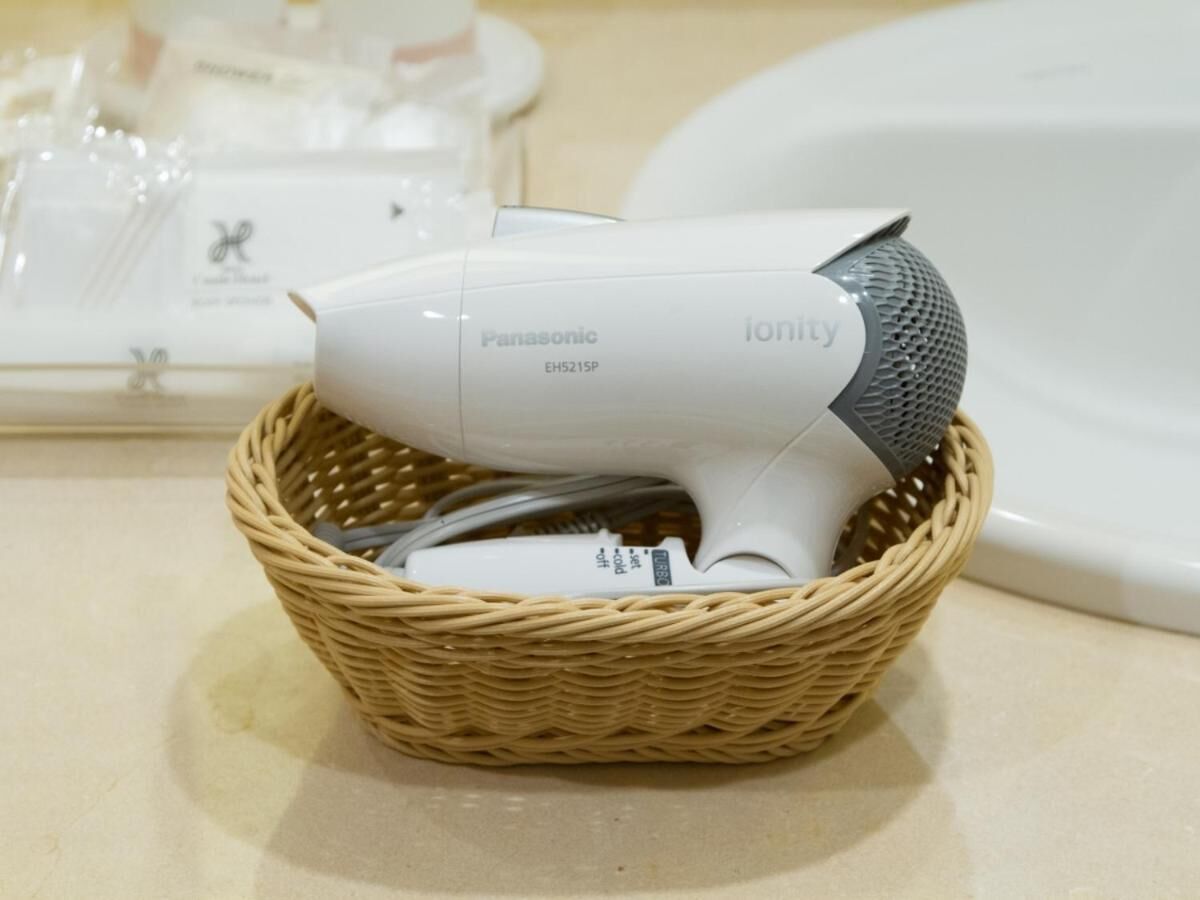 combined shower/bathtub, free toiletries, hair dryer, slippers