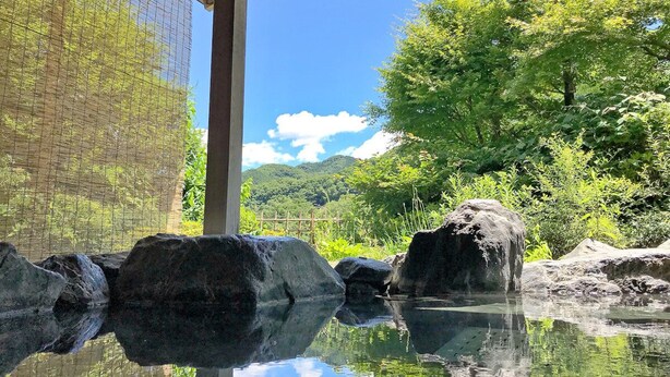 Un entorno tranquilo al aire libre con una estructura de madera, cielo despejado y abundante vegetación.