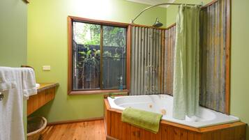 Combined shower/tub, free toiletries, hair dryer, towels