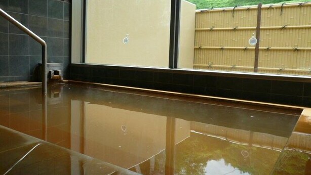 A wet floor in a room with a window, a metal railing, and a bamboo fence outside. - Uesugi Kenshinnokakushiyu Sekionsen Asahiya Ryokan (Myoko)