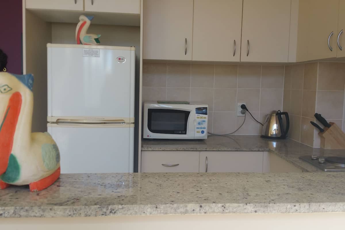 full-sized fridge, microwave, stovetop, dishwasher