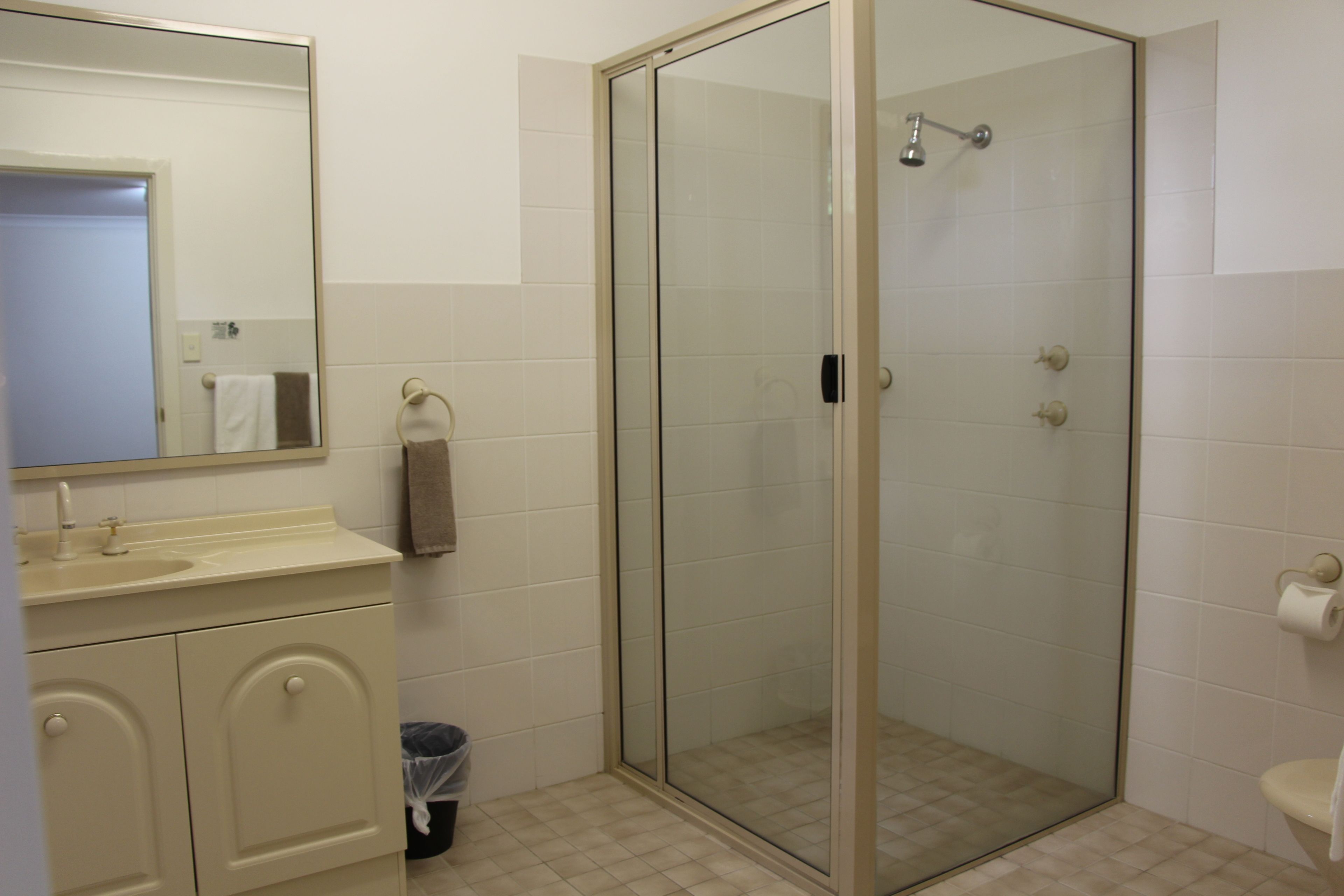 A bathroom with a glass-enclosed shower, a sink with a towel rack, and a toilet.