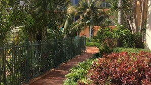 A pathway flanked by lush greenery and a metal fence, leading to a building with a tiled roof. - Town Beach Beachcomber Resort (Port Macquarie)