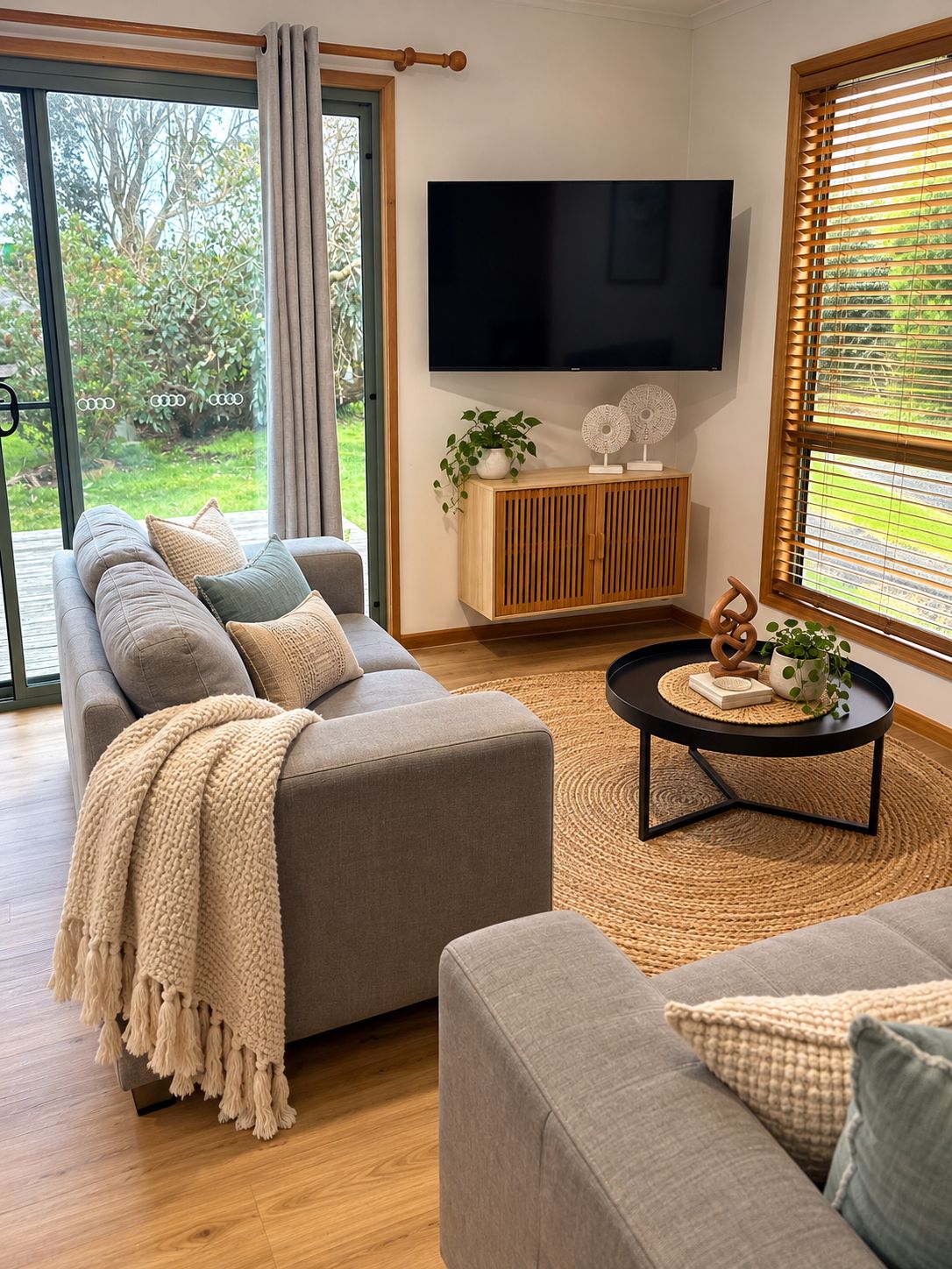A modern living room with a sofa, a coffee table, and a television.