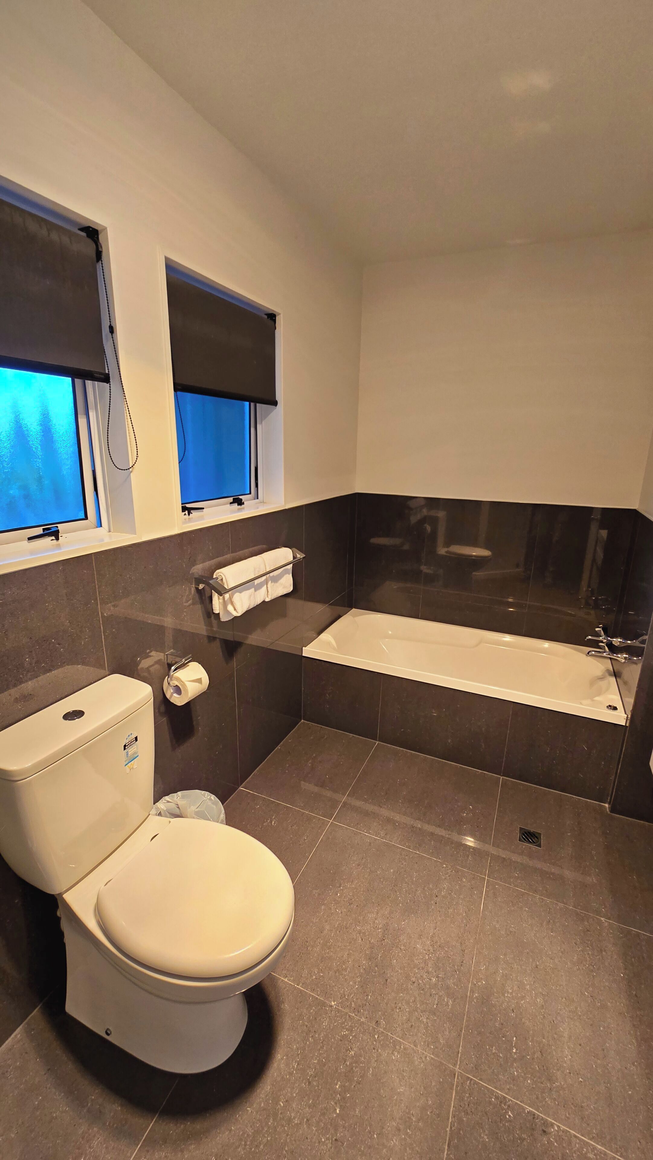 A modern bathroom with a toilet, a bathtub, and a shower area.