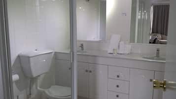A modern bathroom with a toilet, sink, and mirror.