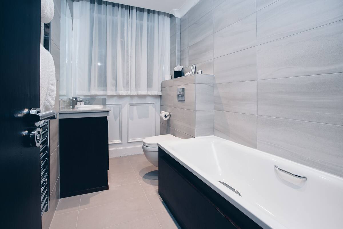 combined shower/bathtub, free toiletries, hair dryer, towels