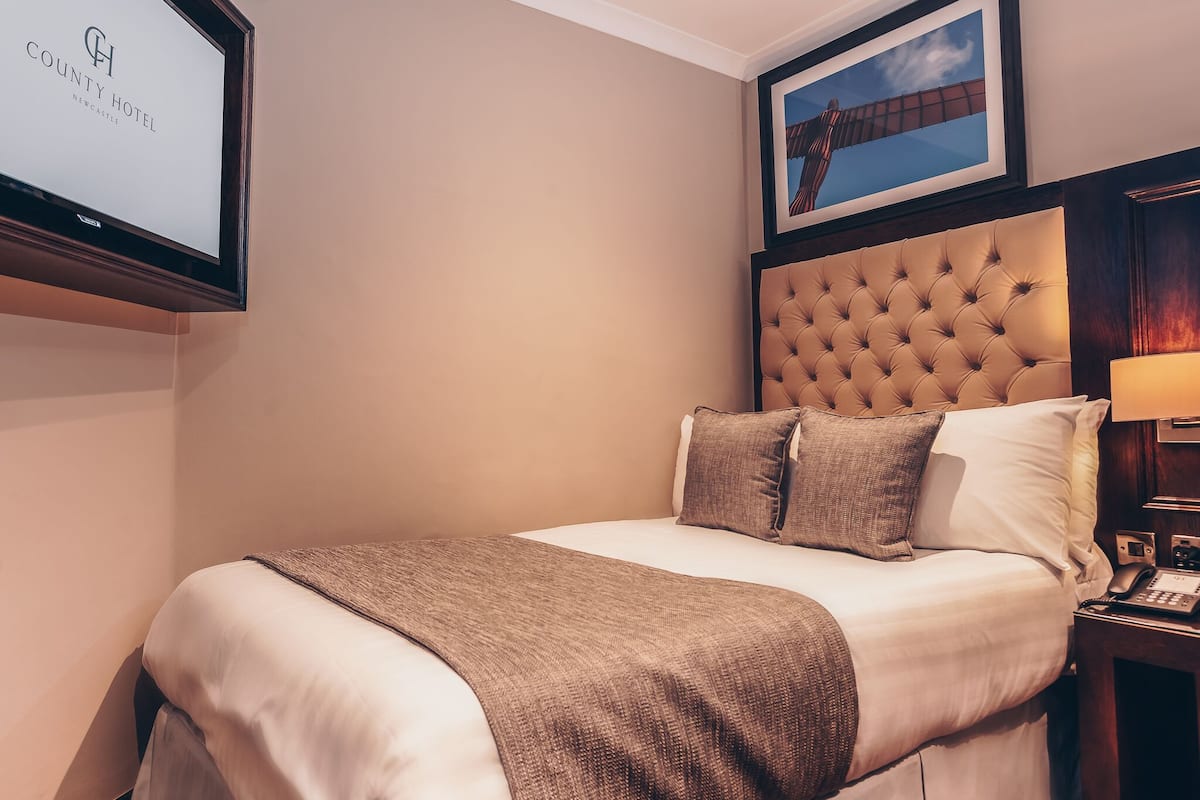 A hotel room with a large bed, a headboard, a framed picture above the bed, a bedside table with a lamp, and a TV displaying the hotel name.