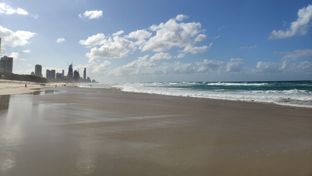 A beach with a city skyline in the background. - Montego Sands Resort (Mermaid Beach)