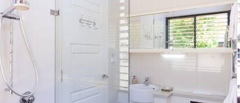 A modern bathroom with a glass shower enclosure, a white sink, and a window with blinds.