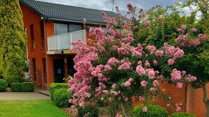 Un bâtiment en briques de deux étages, doté d’un hall d’accueil, d’un balcon et d’un jardin bien entretenu agrémenté d’arbustes à fleurs roses.