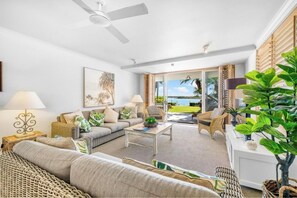 Three Bedroom Two Bathroom Ground Floor Apartment with River View | Living area | Flat-screen TV, DVD player - Noosa Quays (Noosa Heads)