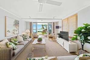 Three Bedroom Two Bathroom Ground Floor Apartment with River View | Living area | Flat-screen TV, DVD player
