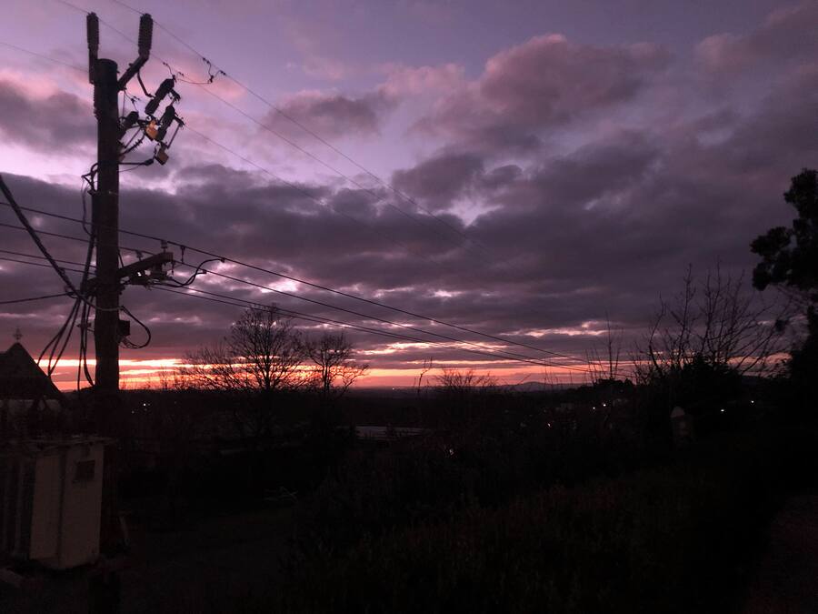 Solnedgang med elledninger og nøgne træer i forgrunden.