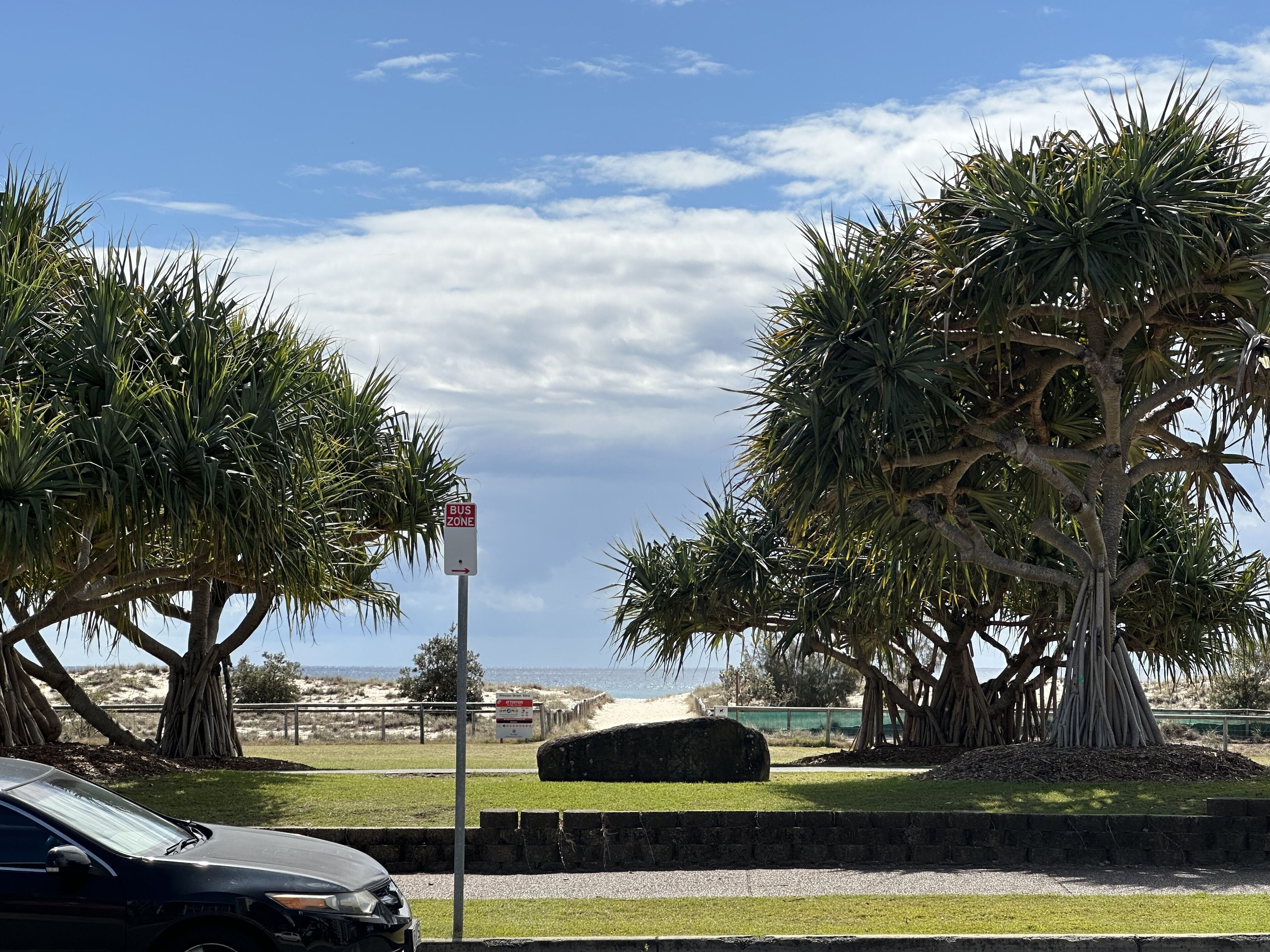 Eine Küstenstraße mit Busparkstreifen, Palmen und Blick auf den Strand.