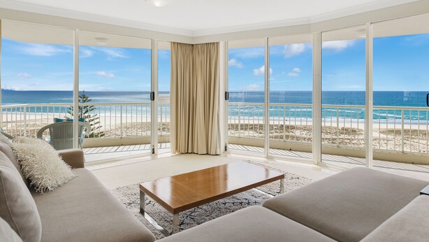 A spacious balcony with a view of the beach and ocean. - Meridian Tower (Coolangatta)