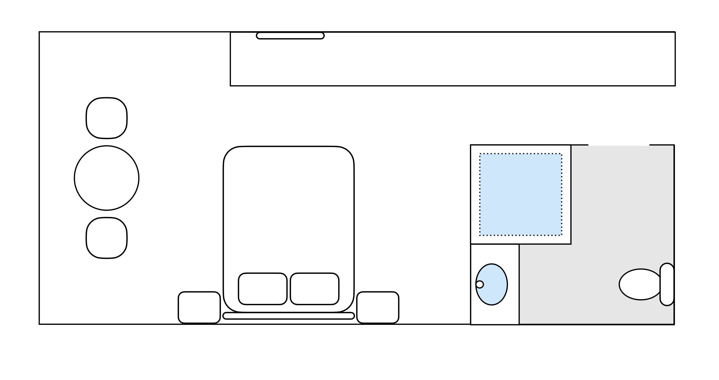 A room layout with a bed, bedside tables, a desk, and a window.