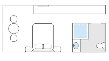 A room layout with a bed, bedside tables, a desk, and a window.