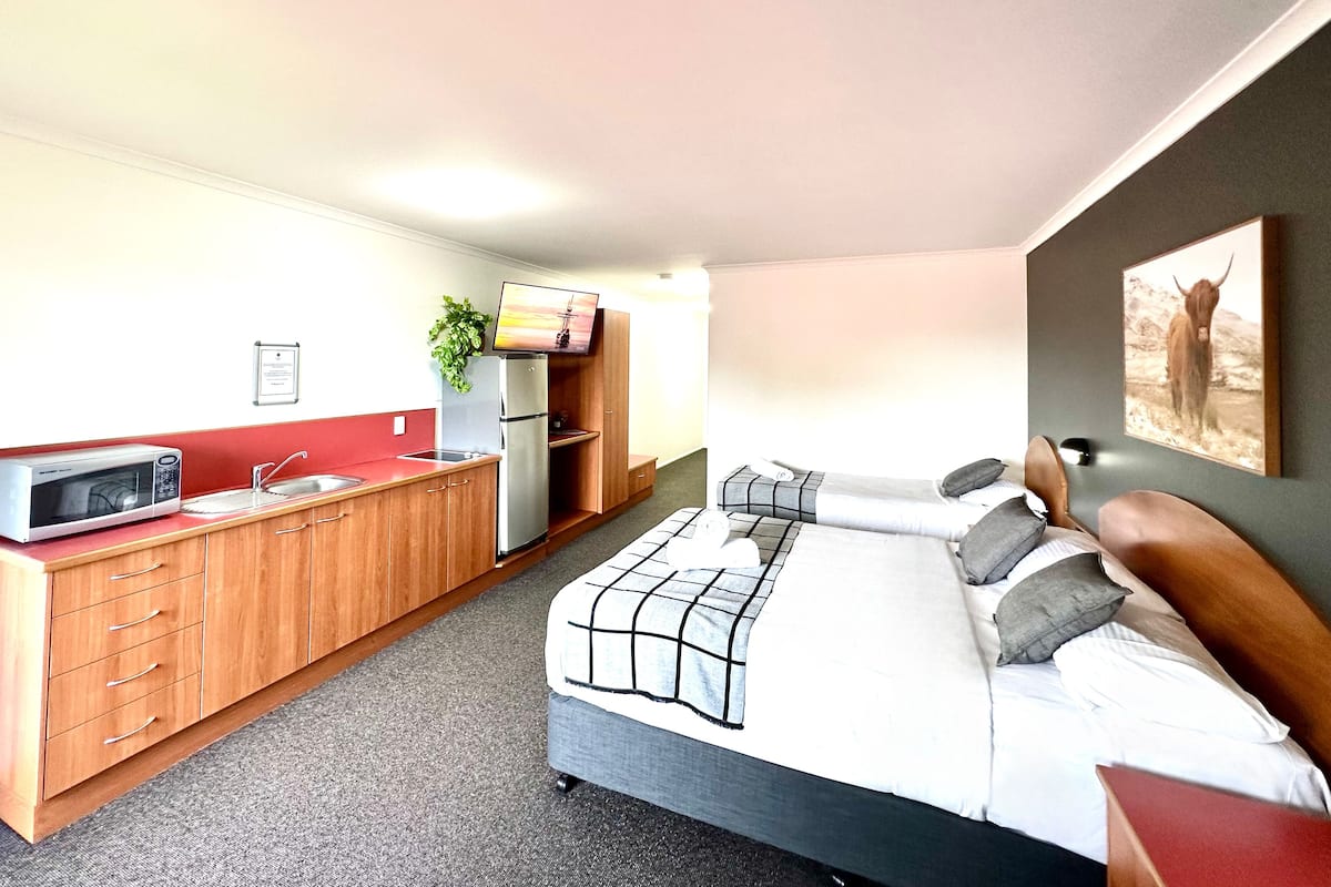 A compact room with a kitchenette, a bed with a headboard, and a mounted picture.