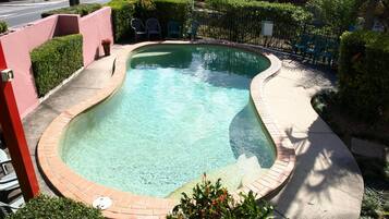 A swimming pool with a curved edge, surrounded by a brick walkway and greenery.