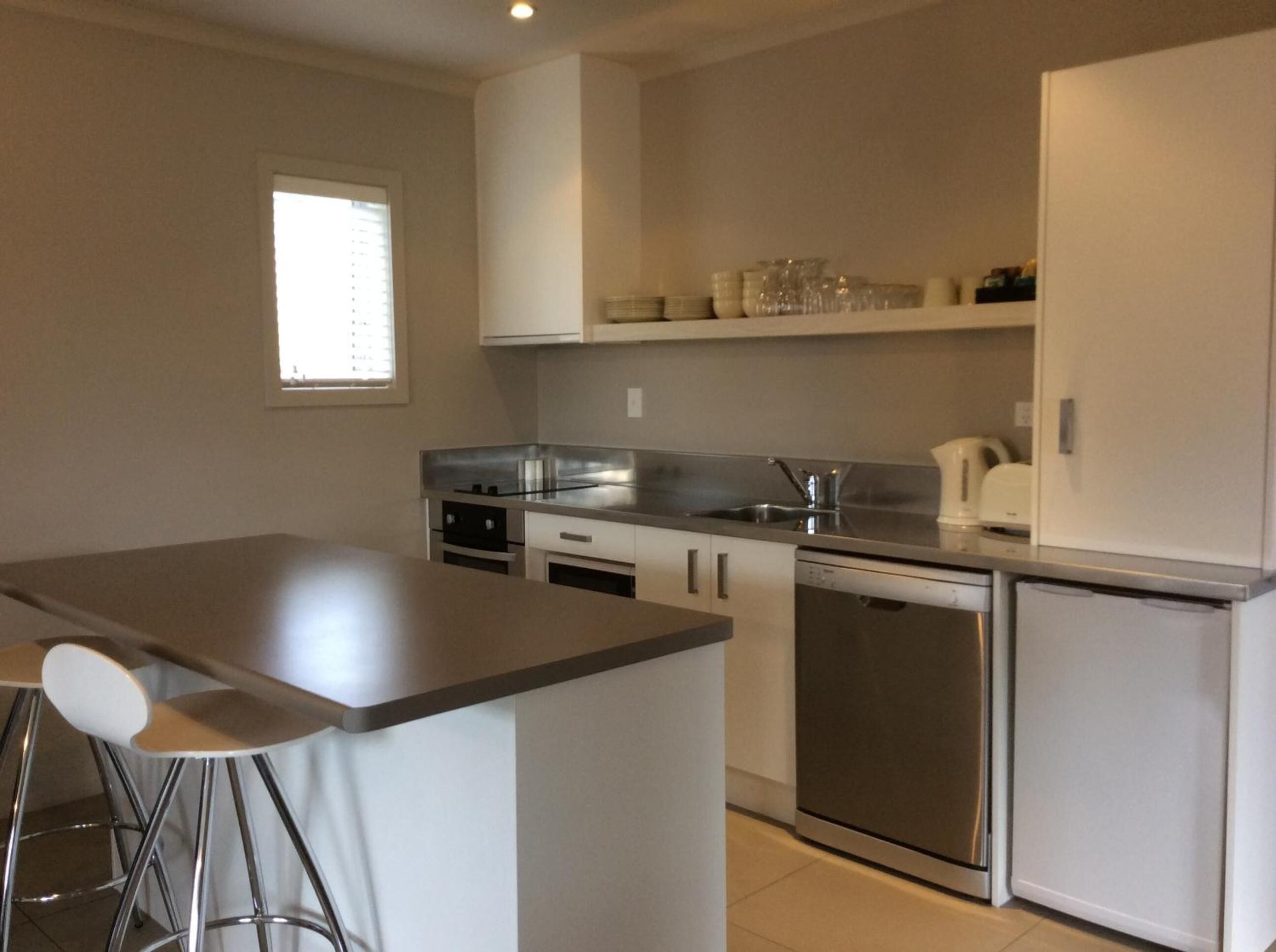 Fridge, microwave, cookware/dishes/utensils