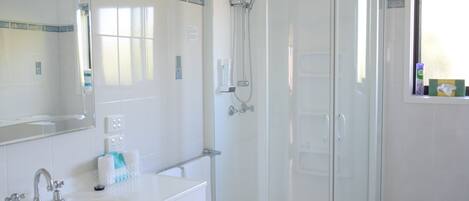 A modern bathroom with a glass-enclosed shower, a white sink, and a mirror above the sink.