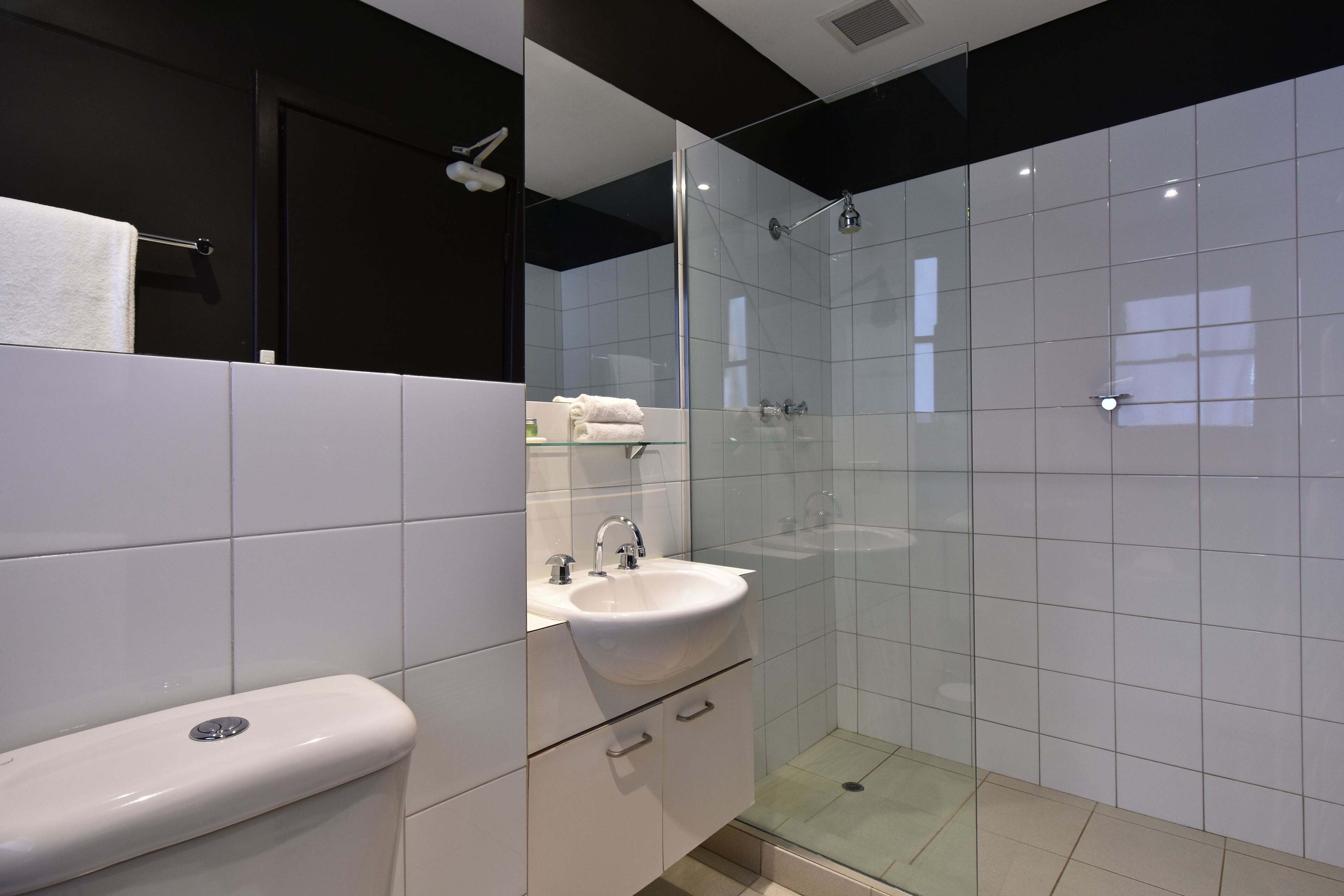 superior studio | bathroom | shower, hair dryer, towels