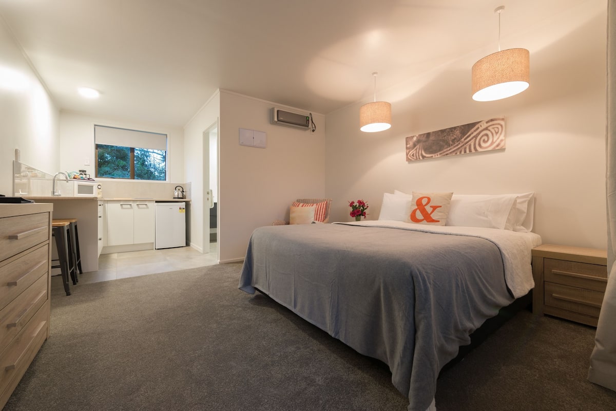 A bedroom with a bed, bedside tables, a nightstand, a window, a kitchen area with a microwave, and a sink.