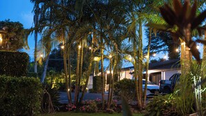 A well-lit garden with palm trees and string lights, a parked car, and a building in the background. - Stay Kerikeri Boutique Apartments and Studios (Kerikeri)