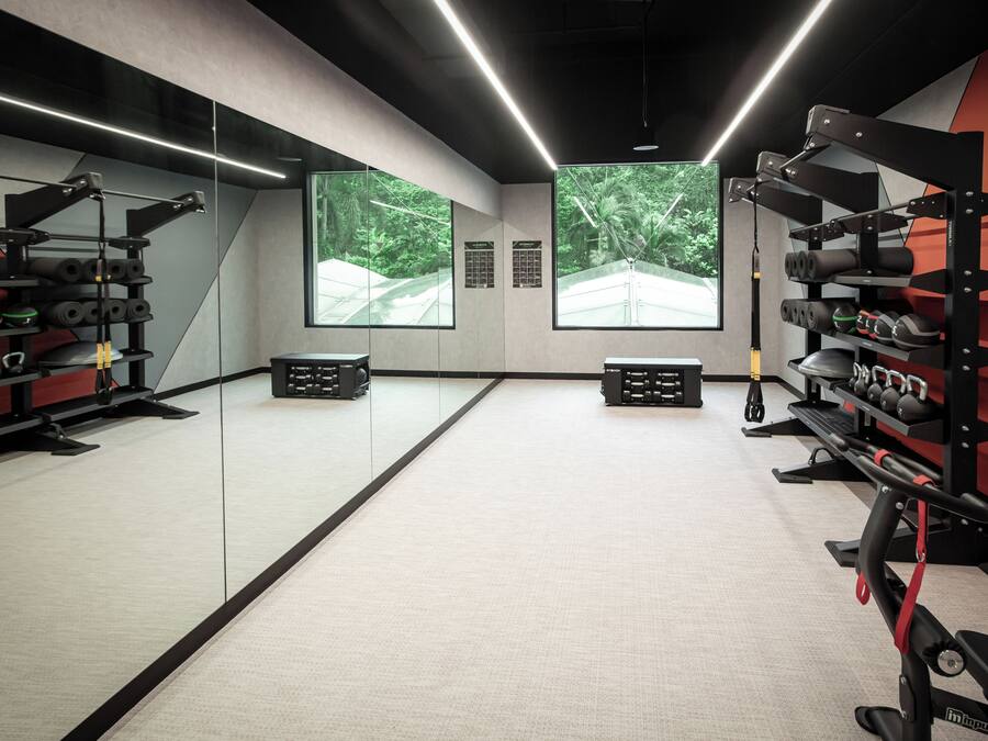 A gym with mirrored walls, exercise equipment, and large windows with a view of greenery.