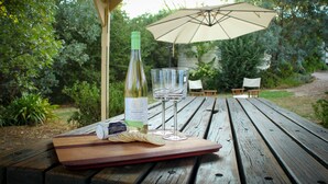 Una mesa de picnic de madera con una botella de vino, dos copas y un plato de galletas.
