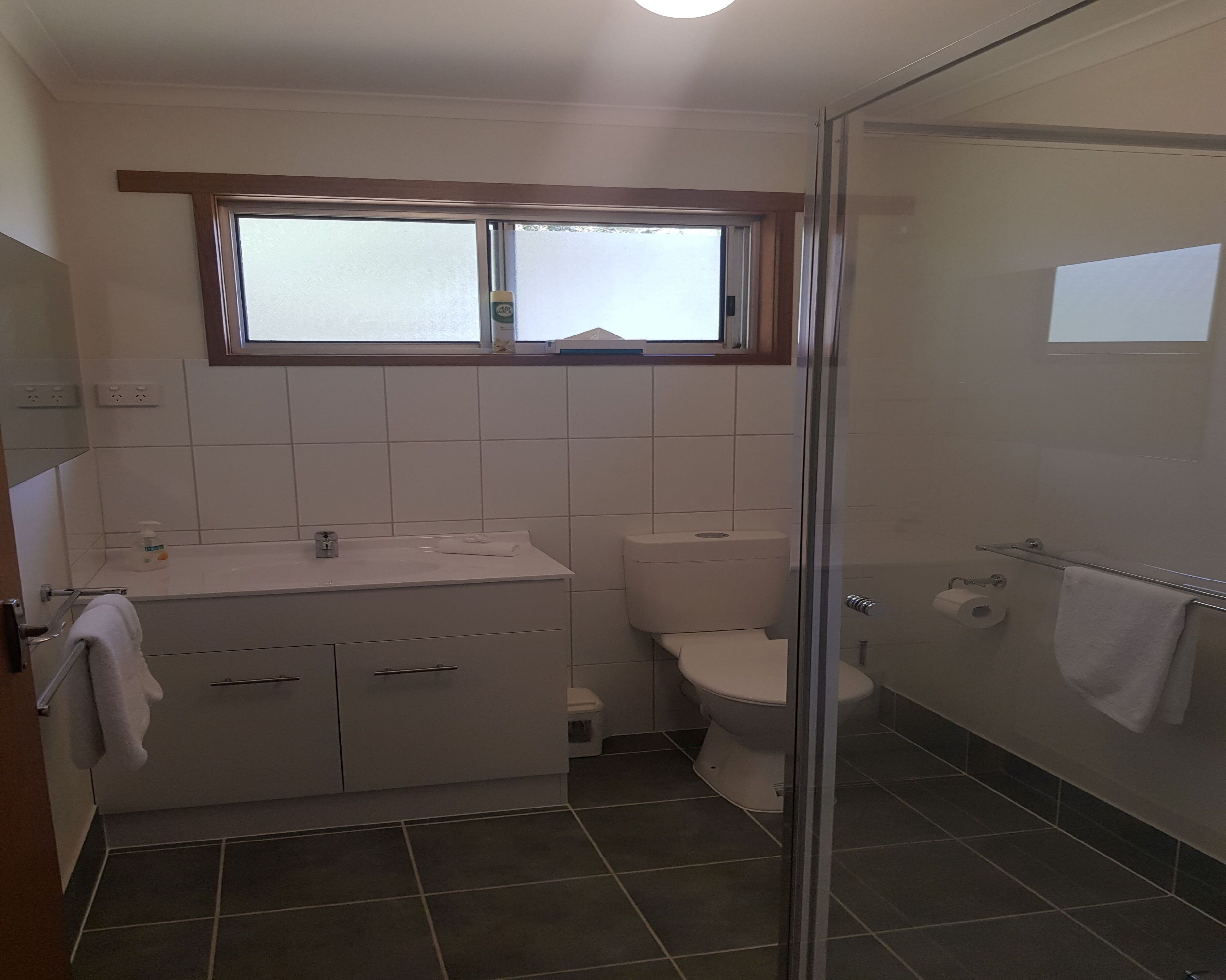 A bathroom with a toilet, sink, and shower area.