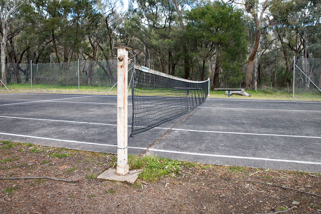 Ein Tennisplatz mit Netz, umgeben von Bäumen und einem Zaun.