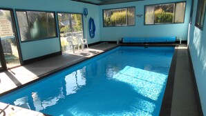 Piscina interior com água azul cristalina, prancha de mergulho e janela com vista para o verde.