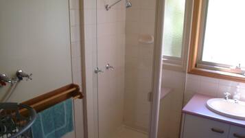 A bathroom with a shower, a sink, and a window.