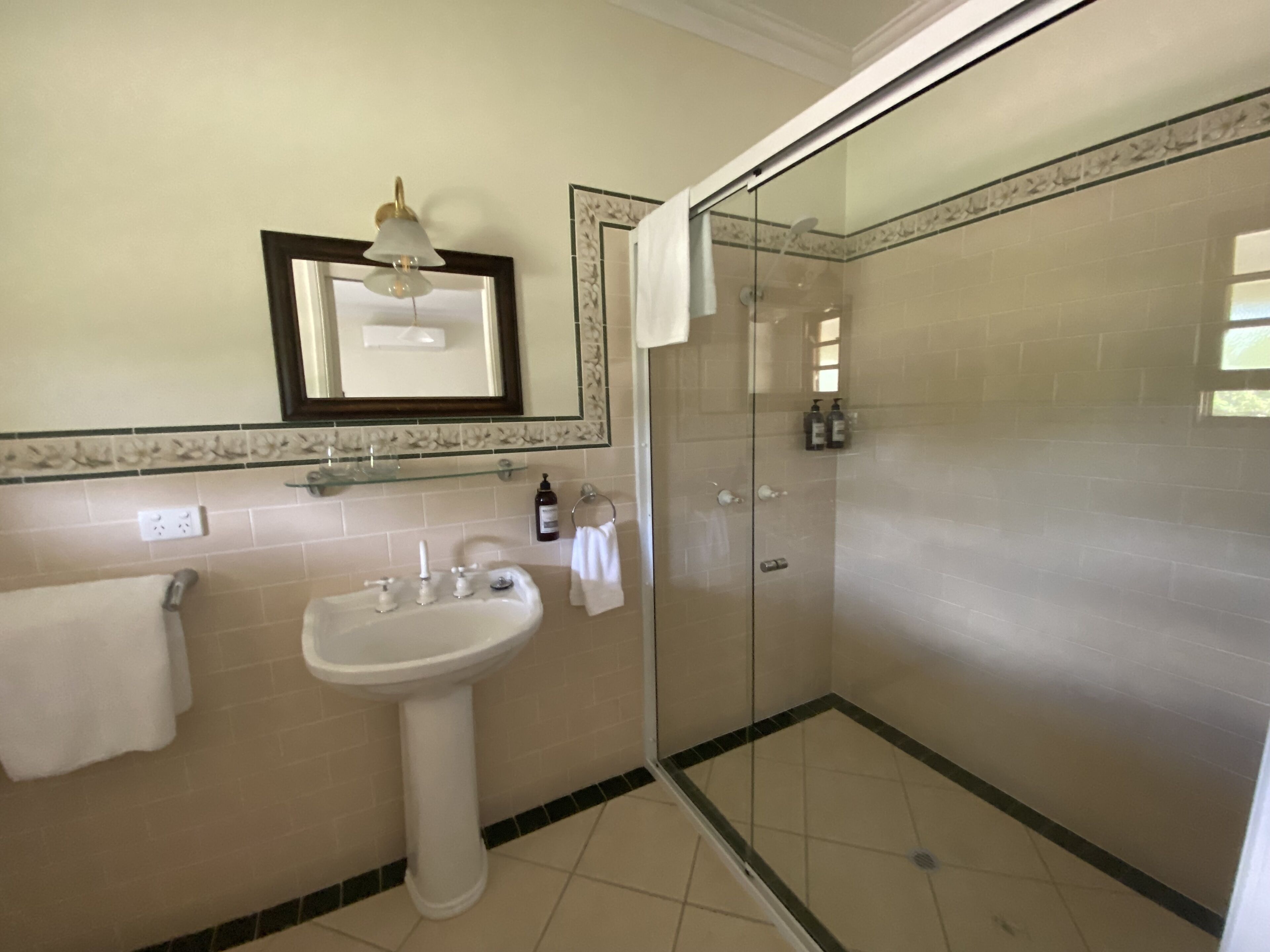 Un baño con lavamanos pedestal, ducha con mampara de vidrio y espejo con marco decorativo.