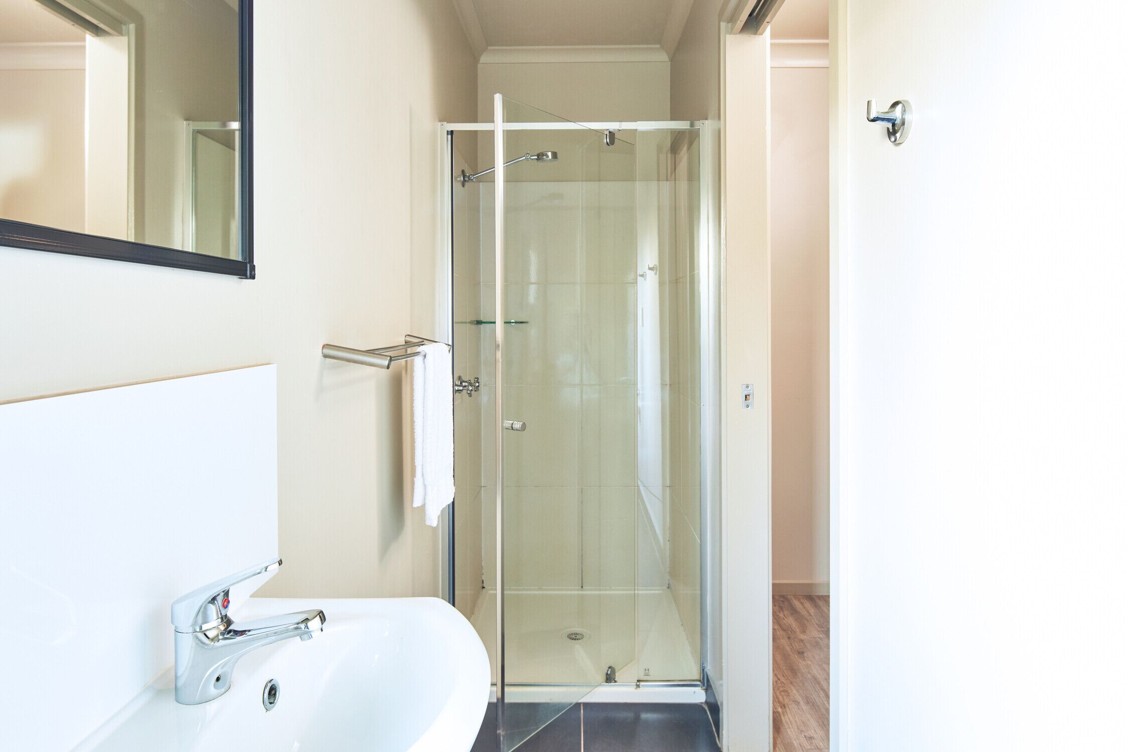 A modern bathroom with a glass-enclosed shower, a white sink, and a mirror above the sink.