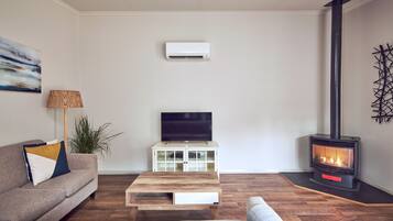 A living room with a sofa, a coffee table, a TV, a white cabinet, a plant, and a wood-burning stove.